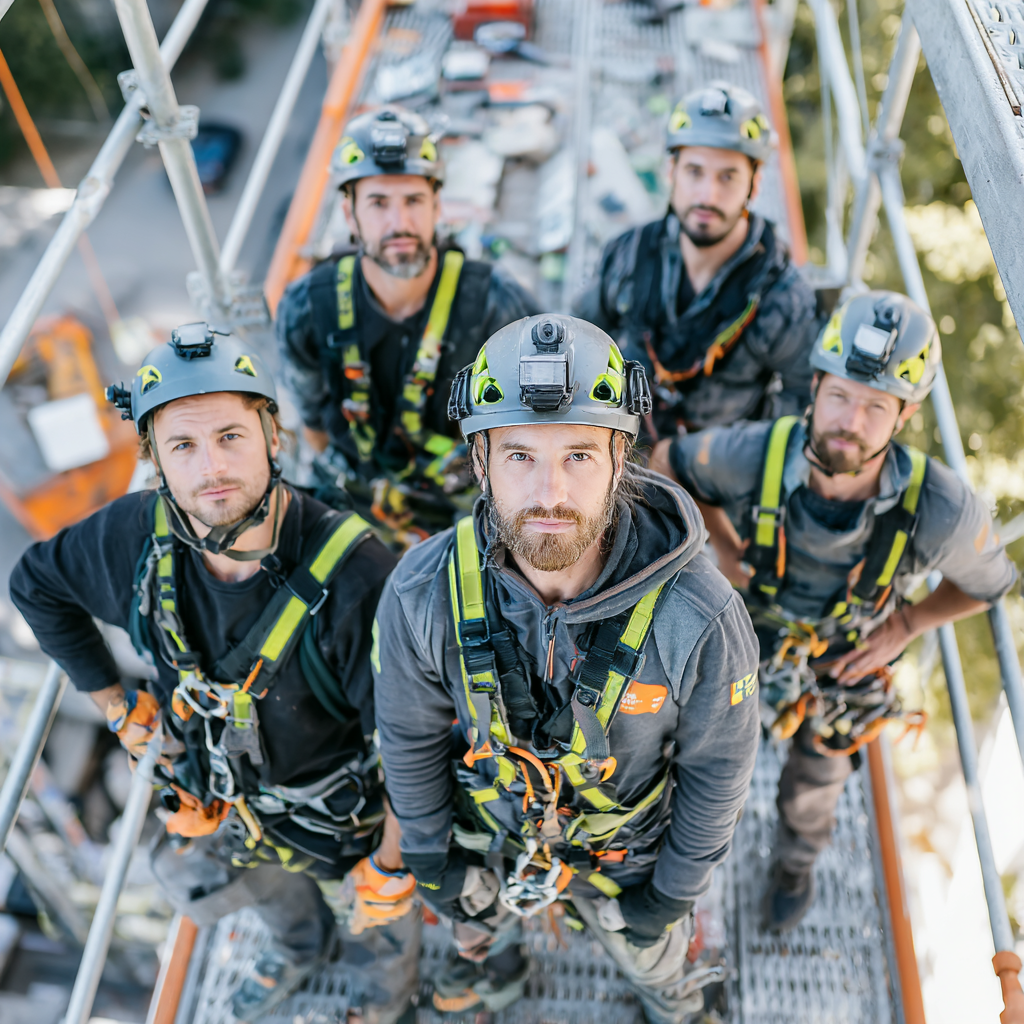 Cinq hommes en équipement de sécurité, portant des casques avec lumières, posant sur une plateforme d'escalade ou de construction en hauteur, avec des outils et des matériaux en arrière-plan.