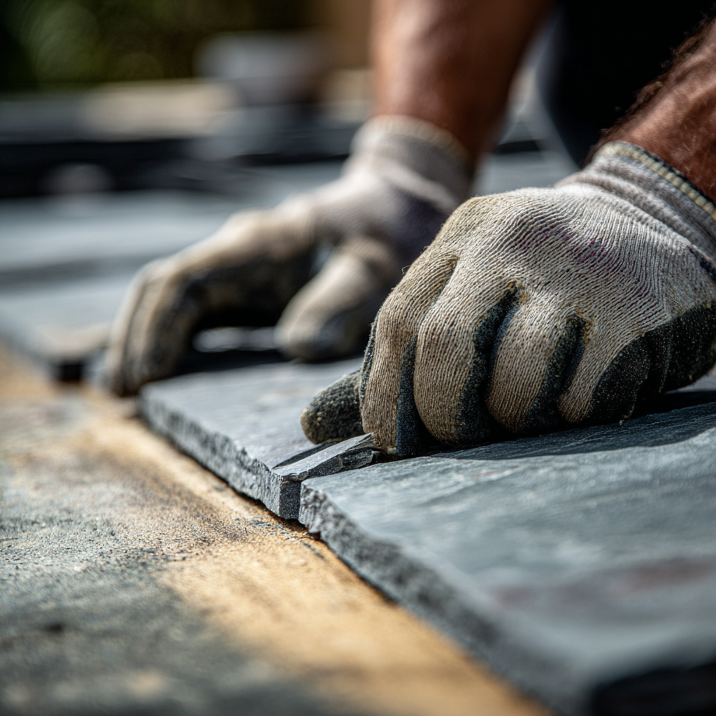 Main d'un ouvrier portant des gants de travail posant une tuile sur une toiture en cours de réparation ou de construction.