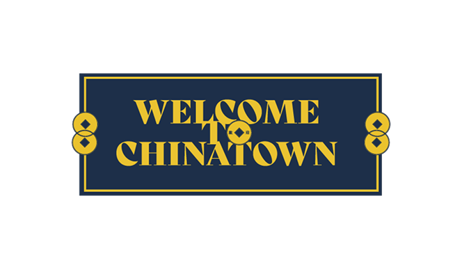Sign that says "Welcome to Chinatown" in yellow text on a navy background with decorative yellow accents.