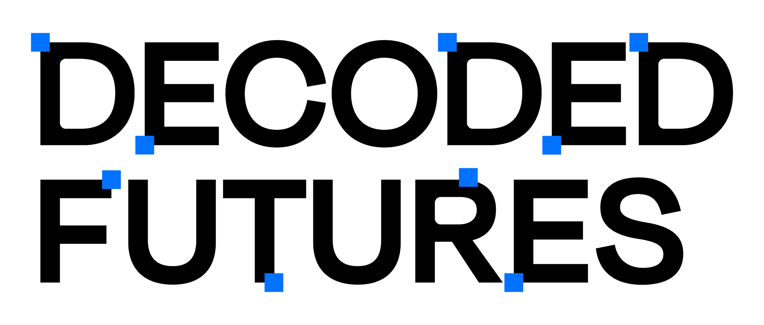 Outline of the phrase "Decided Futures" with blue square anchor points for editing or design purposes.