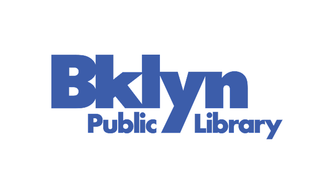 Logo of Brooklyn Public Library in blue text on a black background.