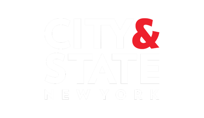 Graphic with bold white text saying 'CITY & STATE' and smaller white text below saying 'NEW YORK' on a black background, with a red ampersand.