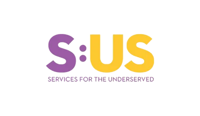 Logo for S:US, Service for the Underserved, with large purple, yellow, and orange letters and tagline in smaller purple text.