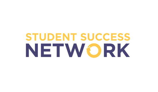 Graphic with black background featuring the words "Student Success Network" in bold yellow and purple text.