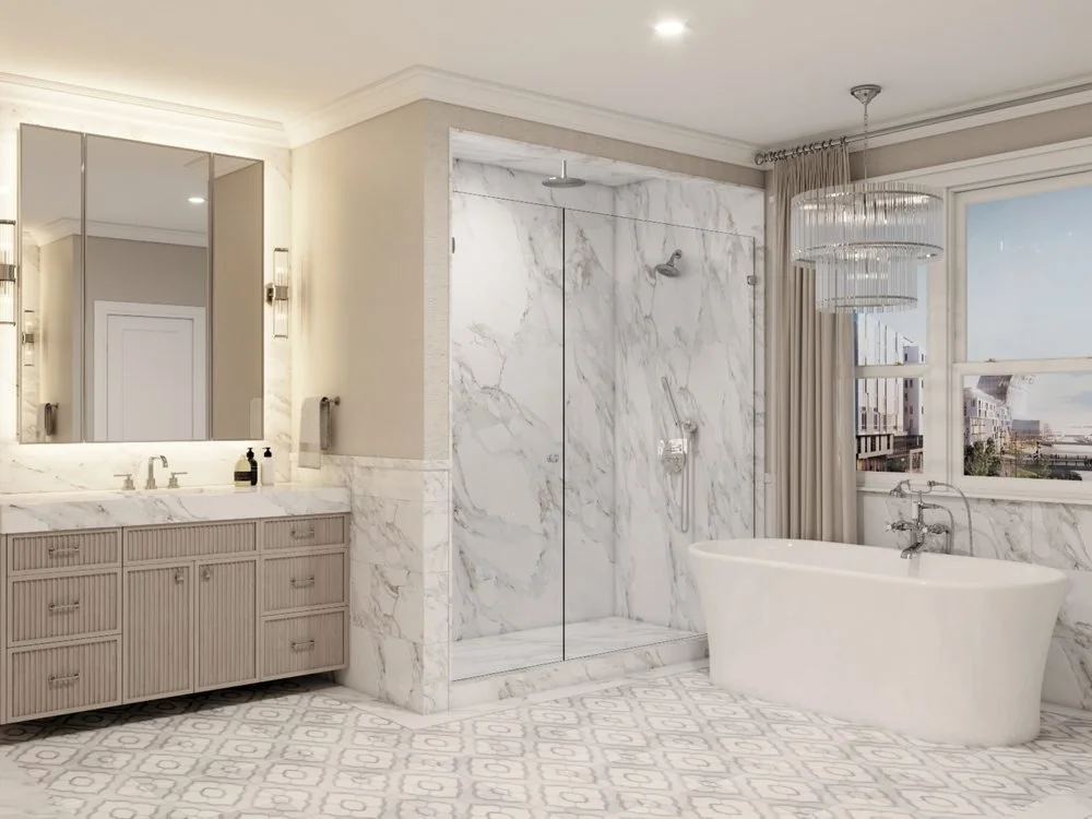 Luxurious bathroom featuring a white freestanding bathtub, a marble walk-in shower with glass doors, and a vanity with a mirror and marble countertop. Large windows with curtains allow natural light to fill the space.