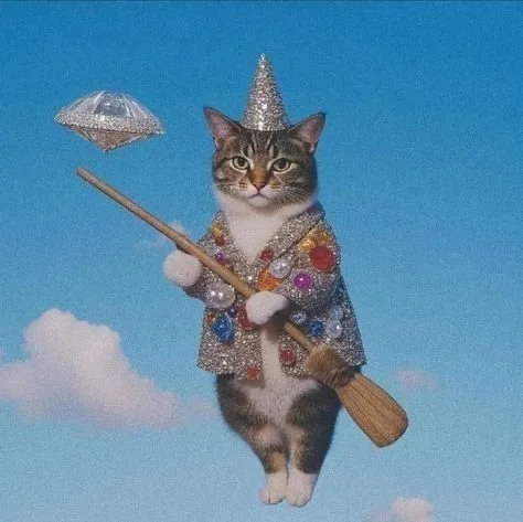 A cat dressed as a wizard, wearing a glittery hat and cape decorated with colorful circles, holding a broomstick in front of a blue sky background with clouds.