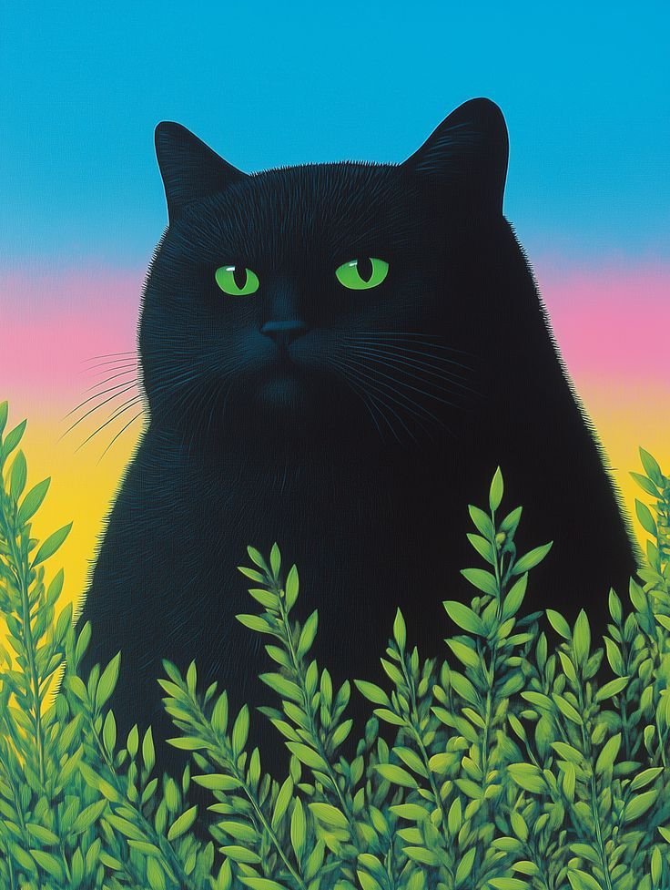 Illustration of a black cat with green eyes sitting among green plants against a multicolored sky background.