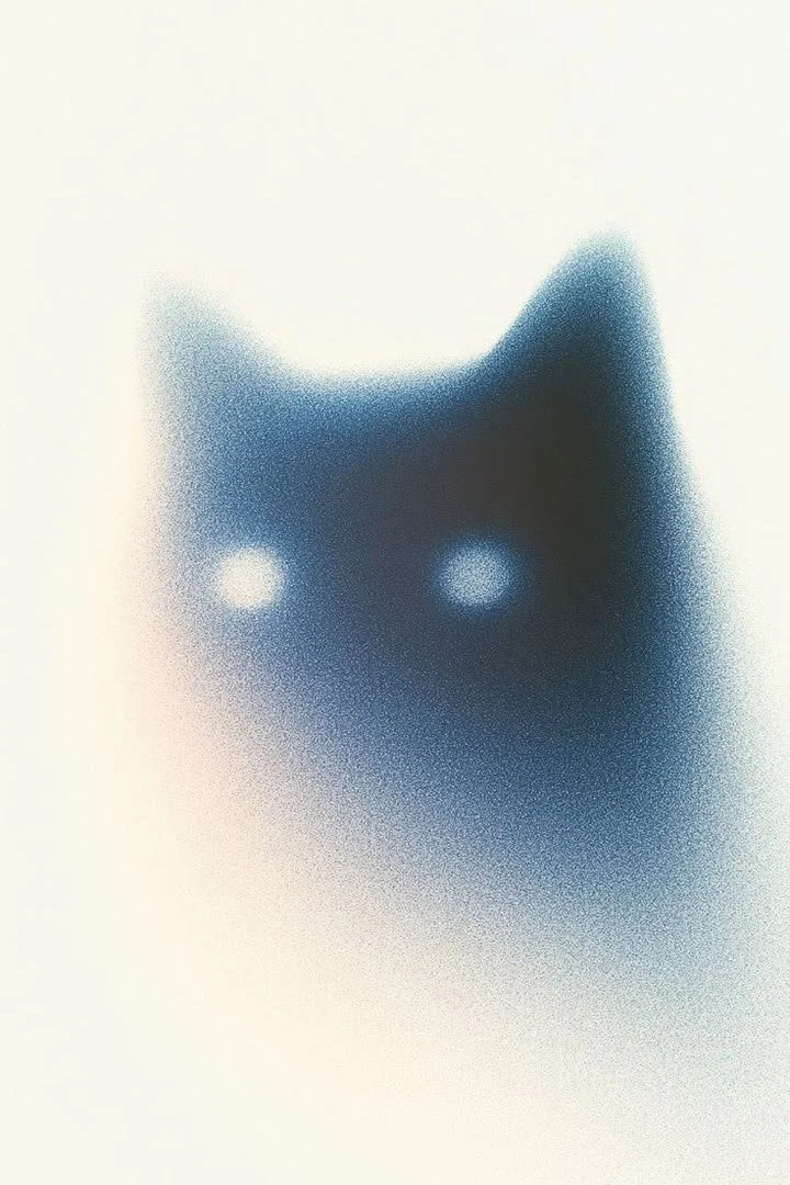 Abstract spray-painted portrait of a cat with pointed ears and glowing eyes on a light background.