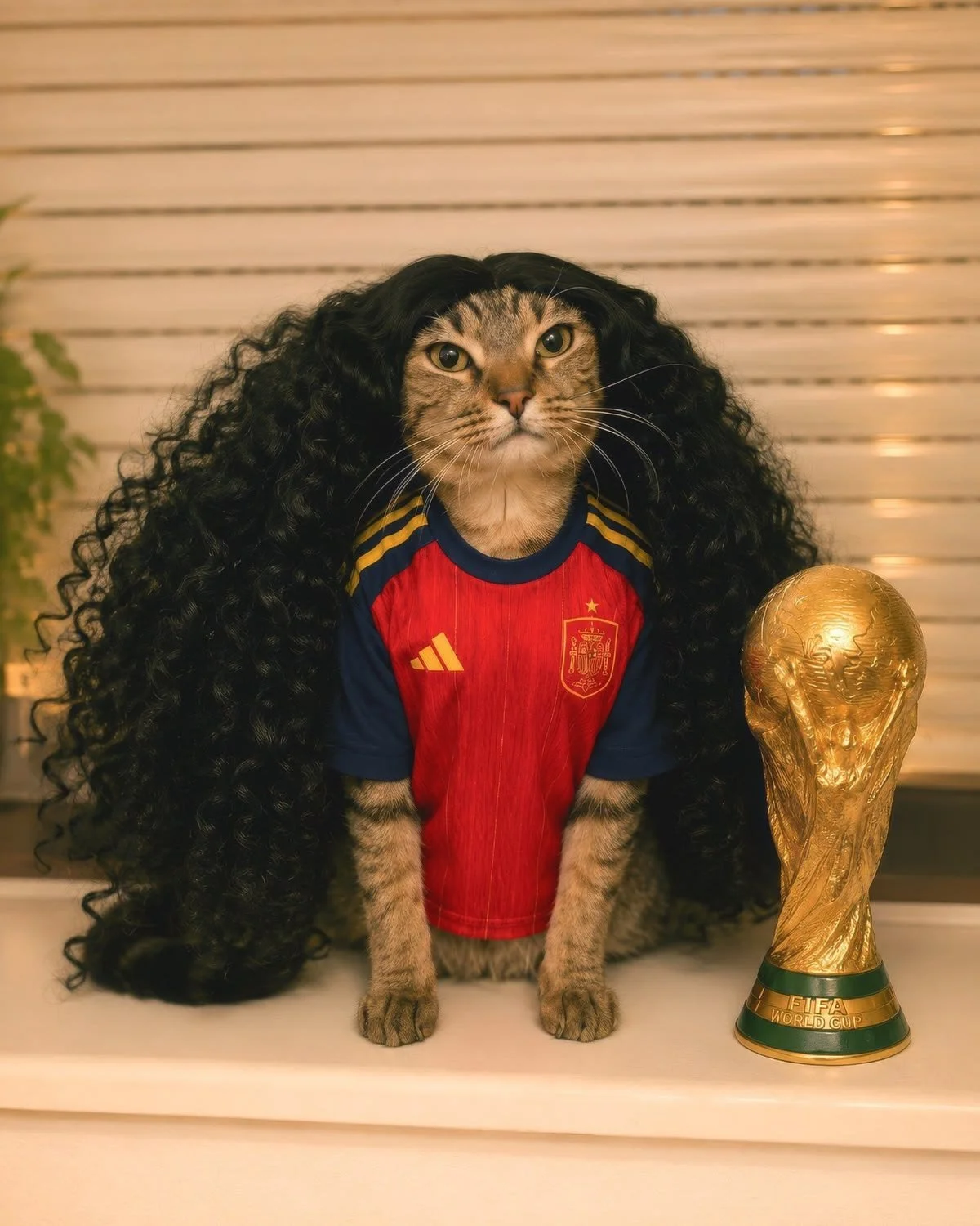 A cat dressed in a red and blue Spain soccer jersey with a long, curly black wig, sitting next to a golden FIFA World Cup trophy.