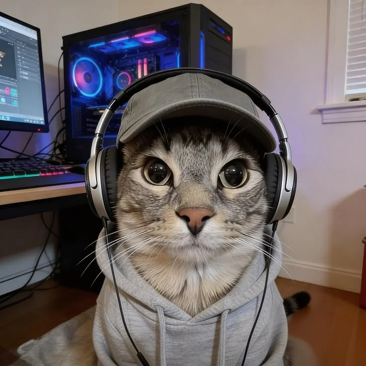 A cat wearing headphones and a hoodie, sitting in front of a computer with a gaming setup.