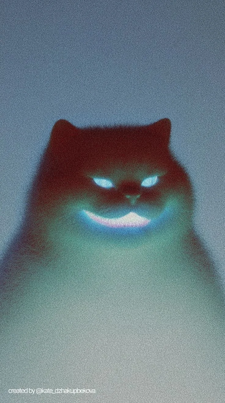 A cat photo with neon-like glow effect, featuring bright blue eyes and a smiling expression, against a dark background.