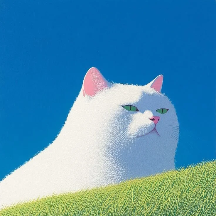 Illustration of a white cat with green eyes and pink nose on a grassy hill under a clear blue sky.