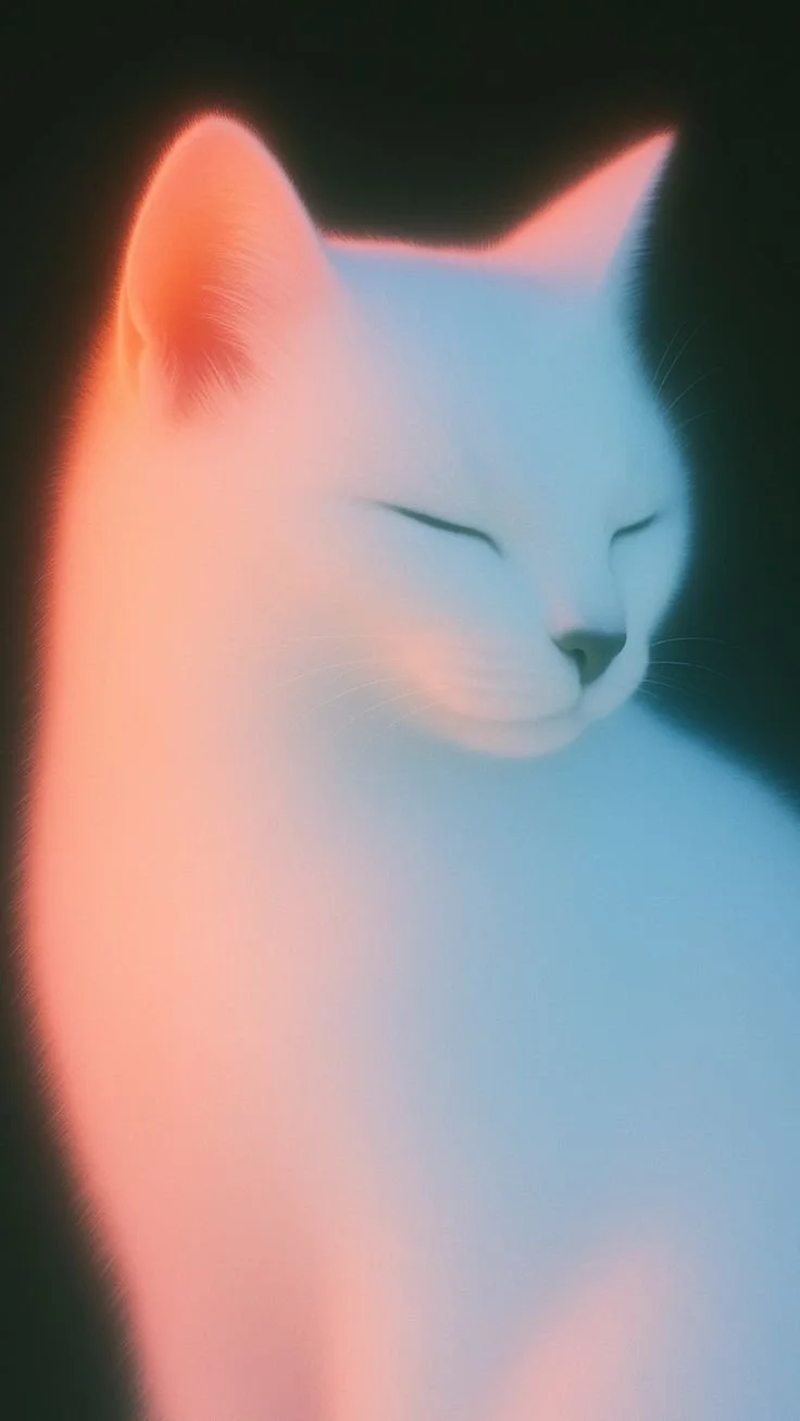 A close-up of a white cat with eyes closed, illuminated by soft, colorful lighting with shades of pink and blue.