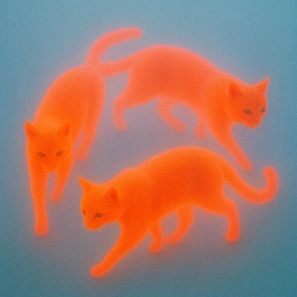 Three orange cats with glowing effect on a light blue background.