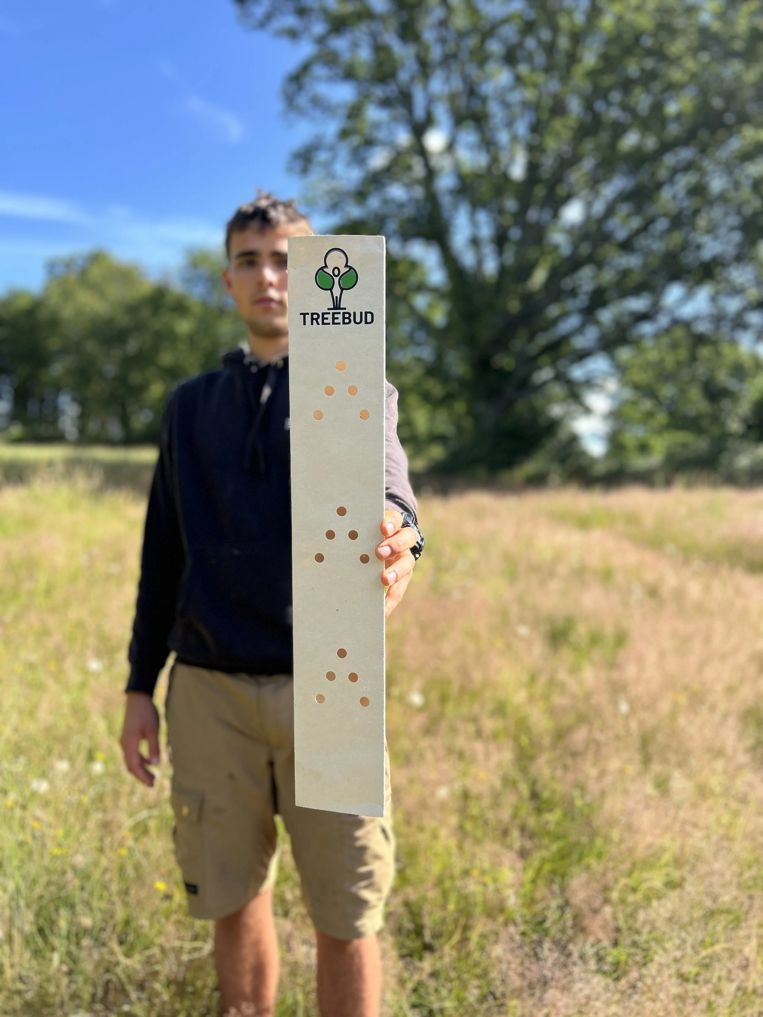 A young man stands in an outdoor grassy field on a sunny day, holding a rectangular board with the label 'Treebud' and a logo, with small brown dots arranged in clusters on the board, in front of him, with trees and blue sky in the background.