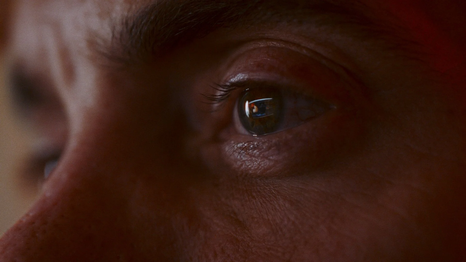 Close-up of a person's eye, with a reflection of a computer screen visible on the cornea.