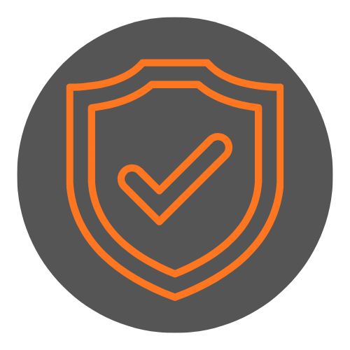 An orange shield icon with a checkmark inside on a dark gray circular background.