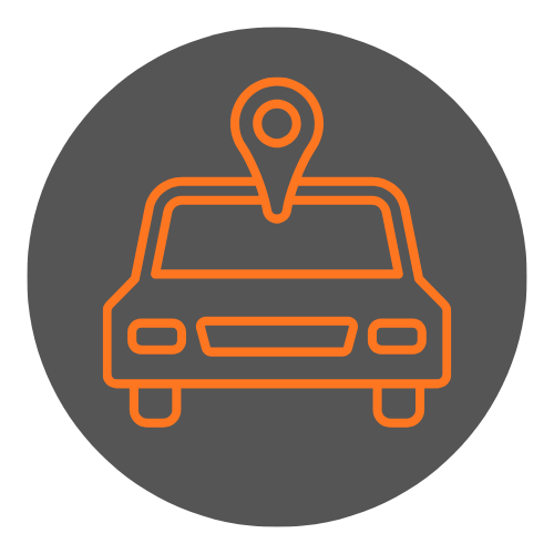 Icon of a car with a location pin above it on a dark gray background.