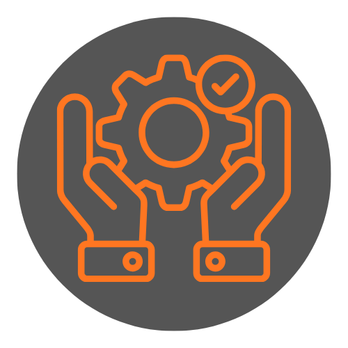 Illustration of two hands holding a gear with a checkmark, symbolizing management or approval of processes.