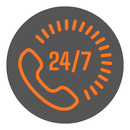 Icon of a telephone receiver with the text 24/7 indicating 24-hour, 7 days availability for calls or support.