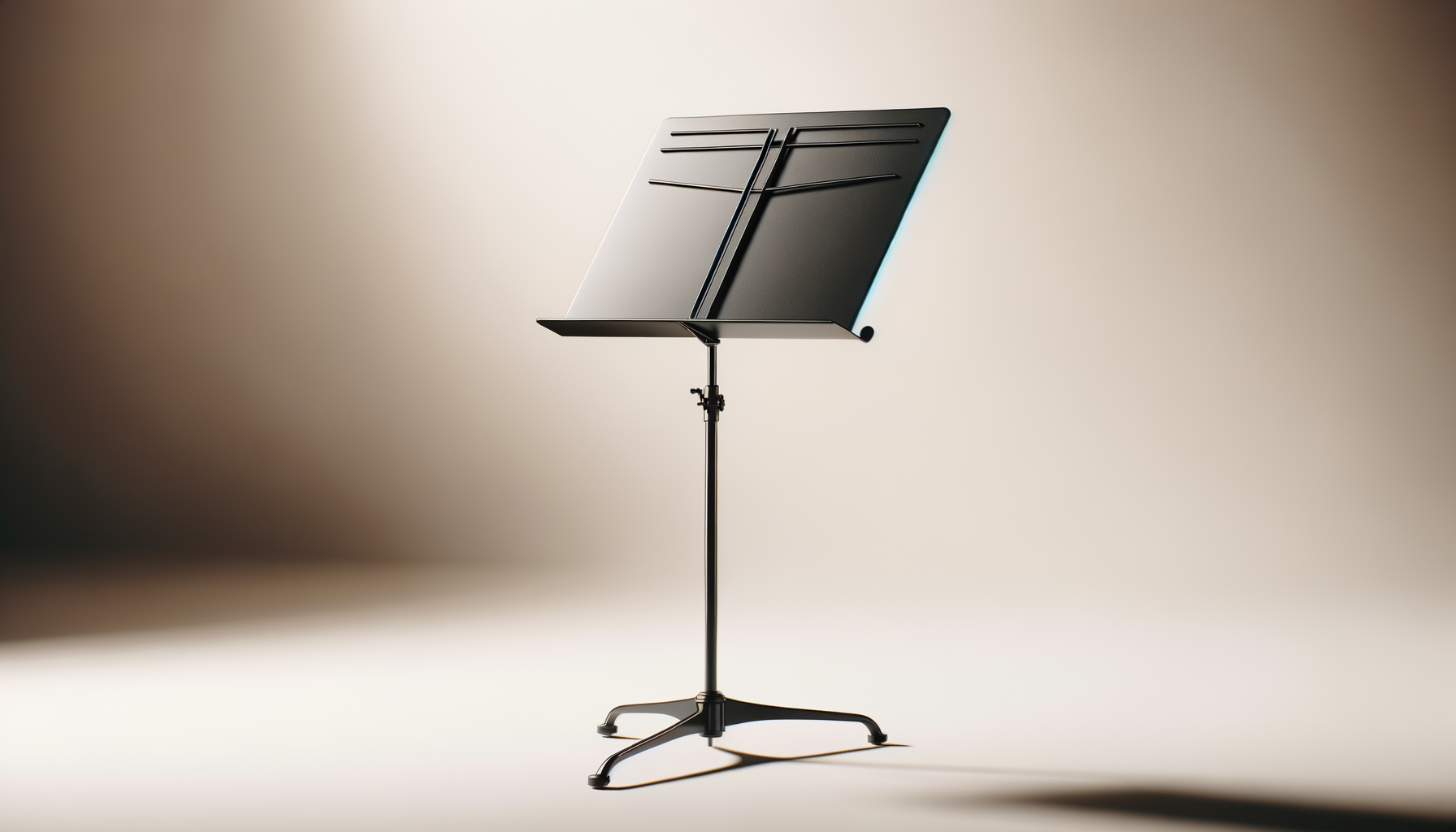 A black music stand with a sheet holder, set on a tripod base, against a plain background with gradient lighting.