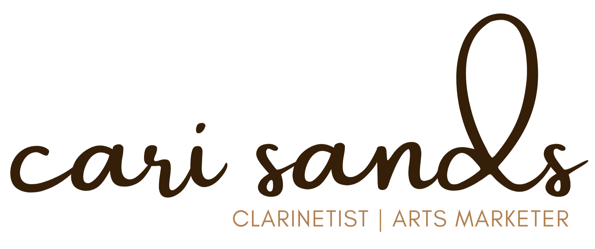 Logo with the words 'Cari Sand's' in cursive brown font, a large teardrop-shaped design above, and 'Clarinetist | Arts Marketer' in smaller capitalized brown letters below.