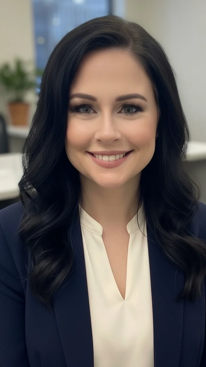 Close-up of a woman with long black hair, fair skin, and blue eyes, smiling and wearing a navy blazer and cream-colored blouse, in an office setting.