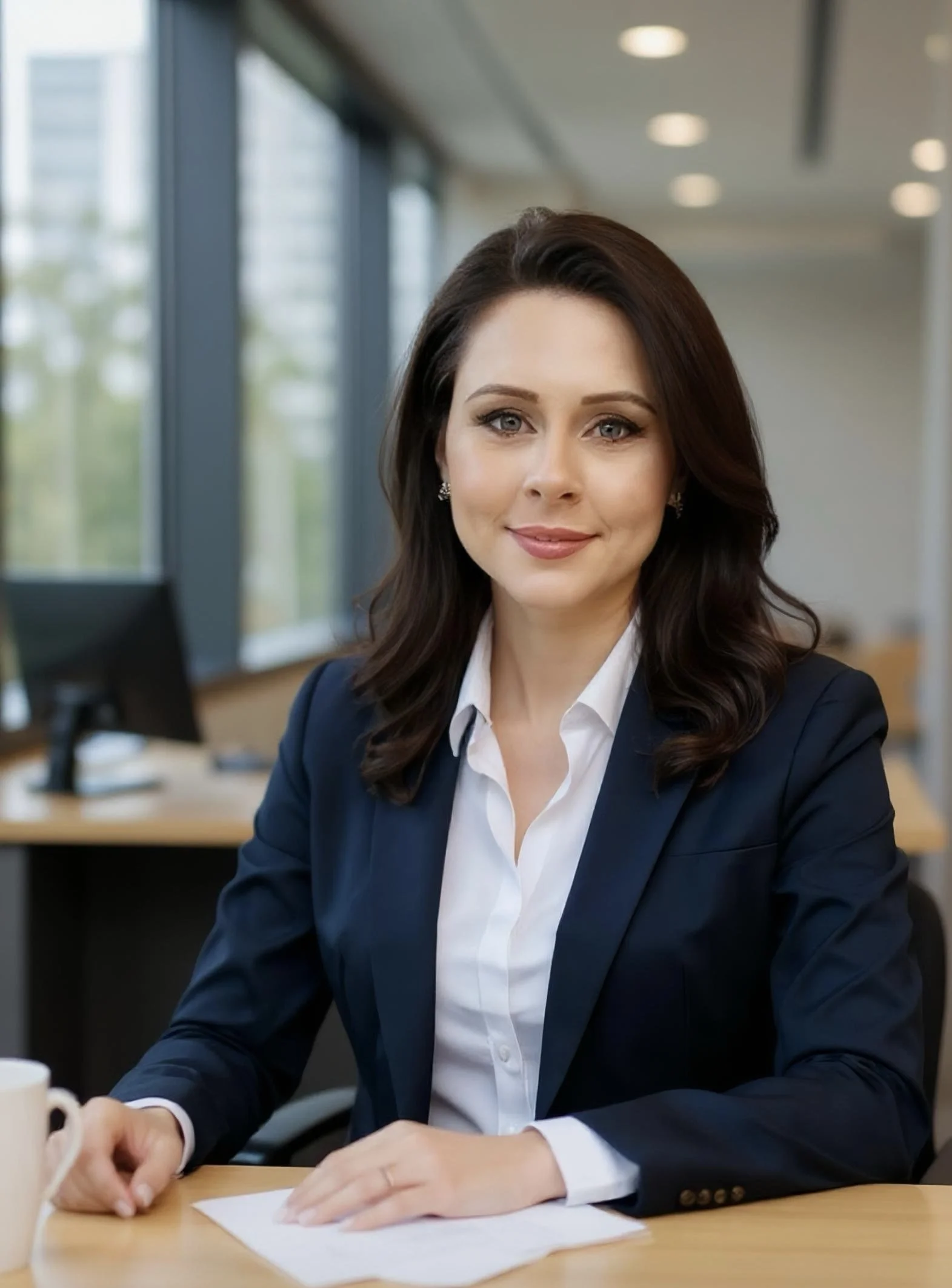 A professional woman in a dark blazer and white blouse sitting at a desk in an office with large windows, smiling at the camera.