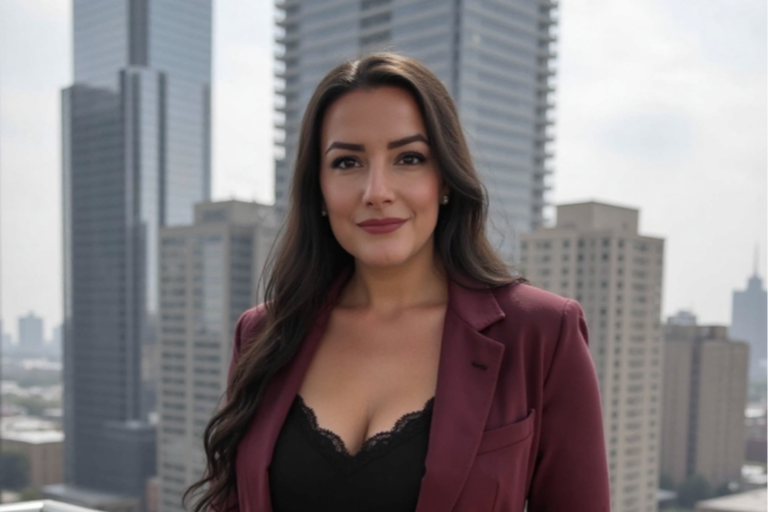 A woman with long dark hair wearing a burgundy blazer and black lace top, standing in front of a city skyline with tall buildings.