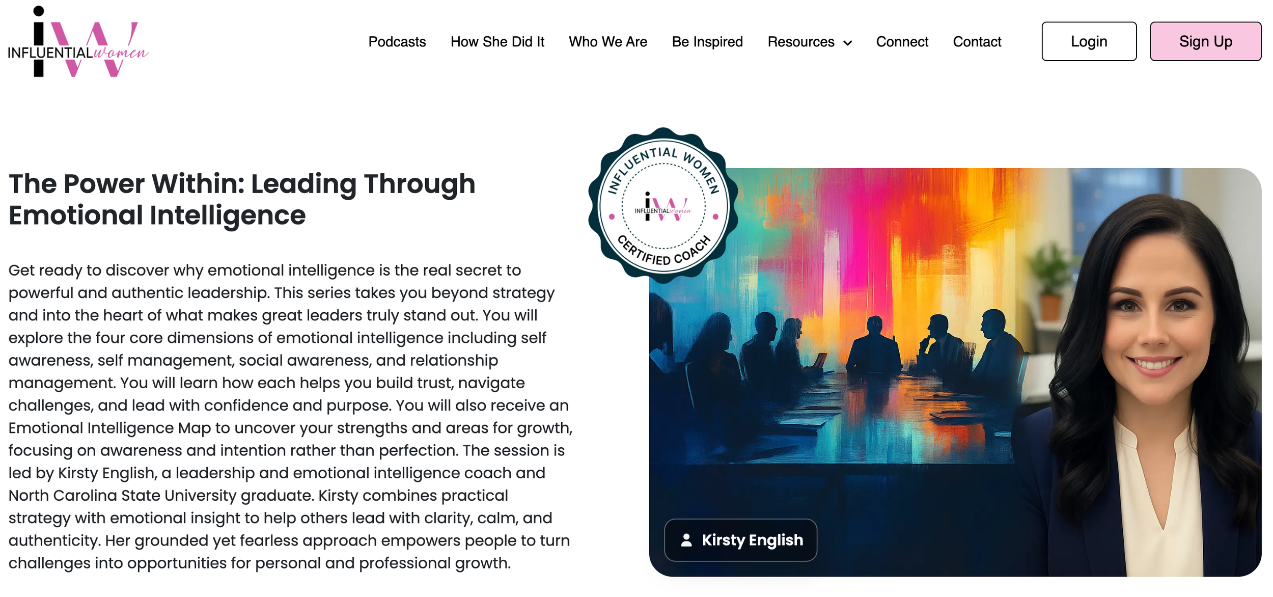 Website homepage for Influential Women with a logo at the top left, navigation menu, login and sign up buttons at the top right, a badge with the text "Certified Coach" and the Influential Women logo, a colorful abstract background, and a photo of a smiling woman in professional attire labeled "Kirsty English."