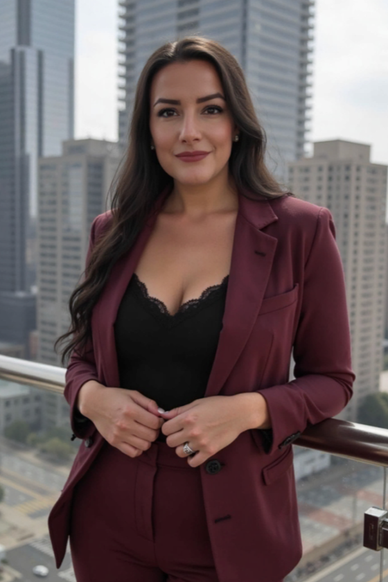 A woman with long dark hair in a maroon suit and black lace top standing on a balcony with city skyscrapers in the background.
