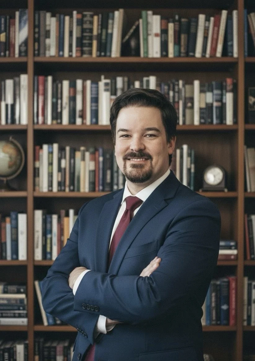 A man with dark hair and a beard wearing a blue suit, white shirt, and red tie standing with arms crossed in front of a bookshelf filled with books and a globe.