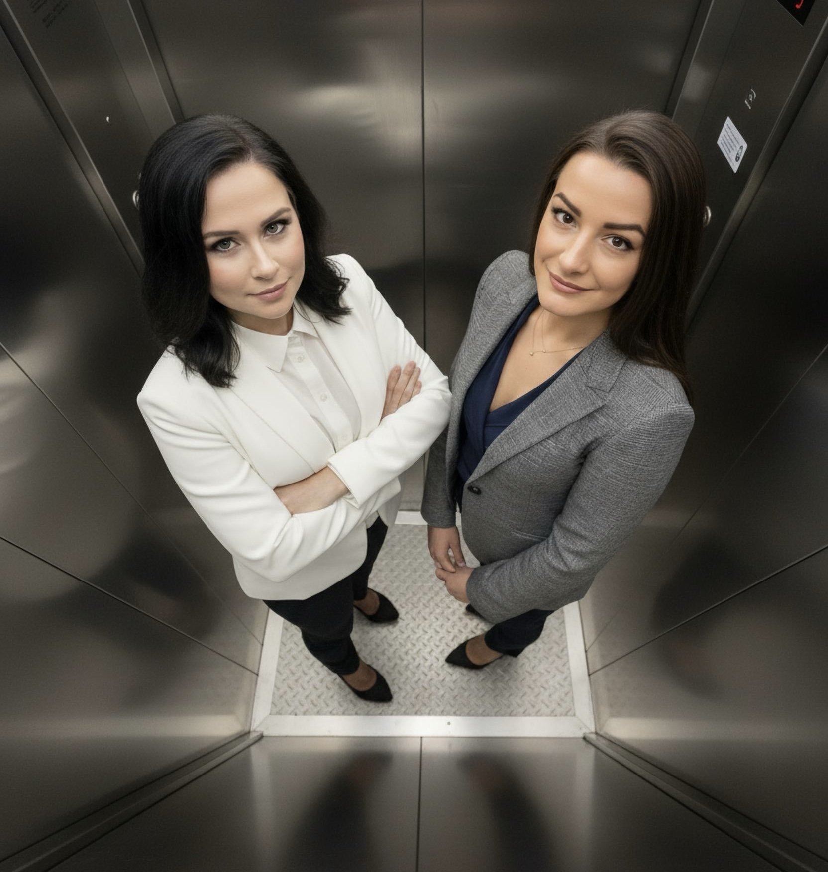 Two professional women standing inside an elevator, looking up at the camera, one with arms crossed wearing a white blazer and the other with hands clasped wearing a gray blazer.