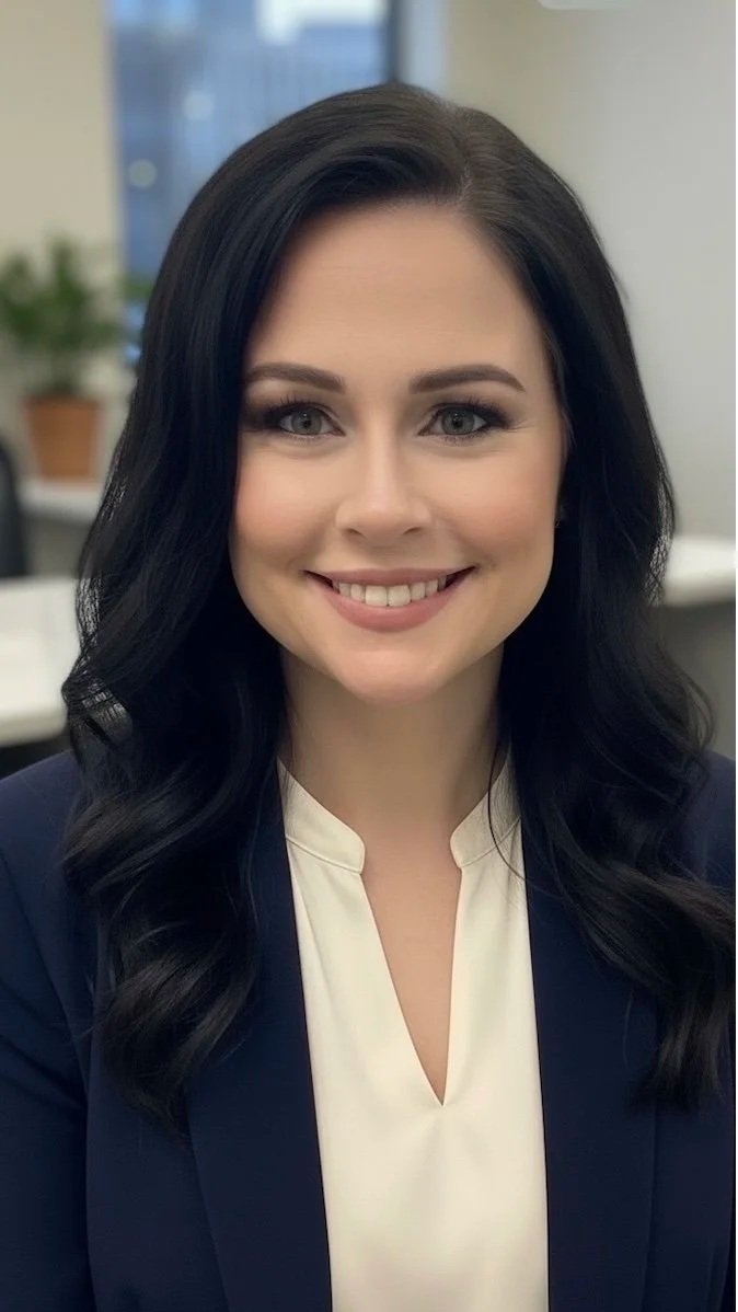 Portrait of a smiling woman with long dark hair, wearing a white blouse and dark blazer, in an office setting.