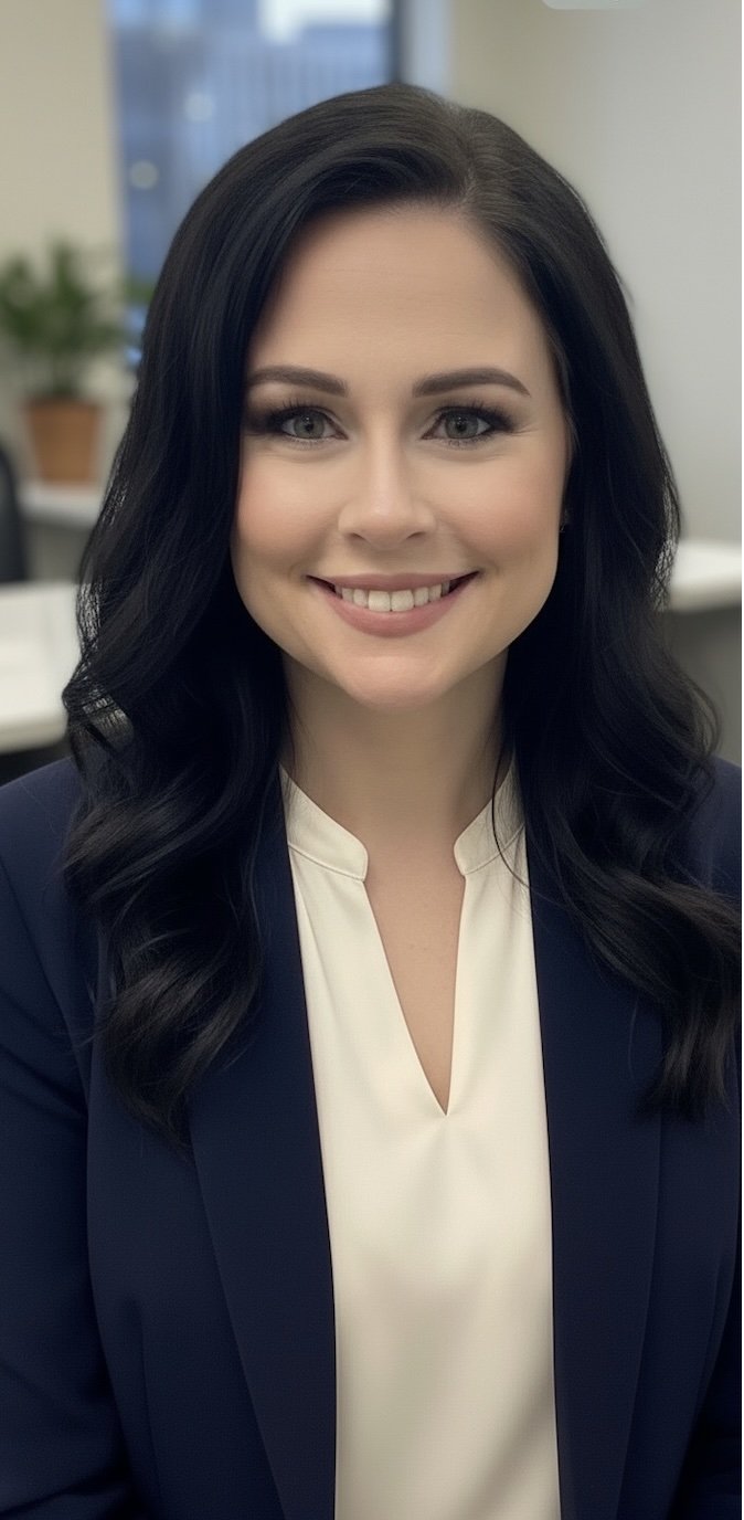 A woman with long black hair, blue eyes, and fair skin smiling, wearing a white blouse and a navy blazer, in an office setting.
