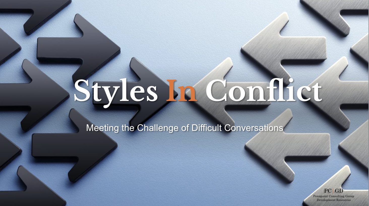 Title slide for a presentation titled 'Styles In Conflict' with the subtitle 'Meeting the Challenge of Difficult Conversations'. The background shows scattered black and silver arrow-shaped pieces on a light blue surface.