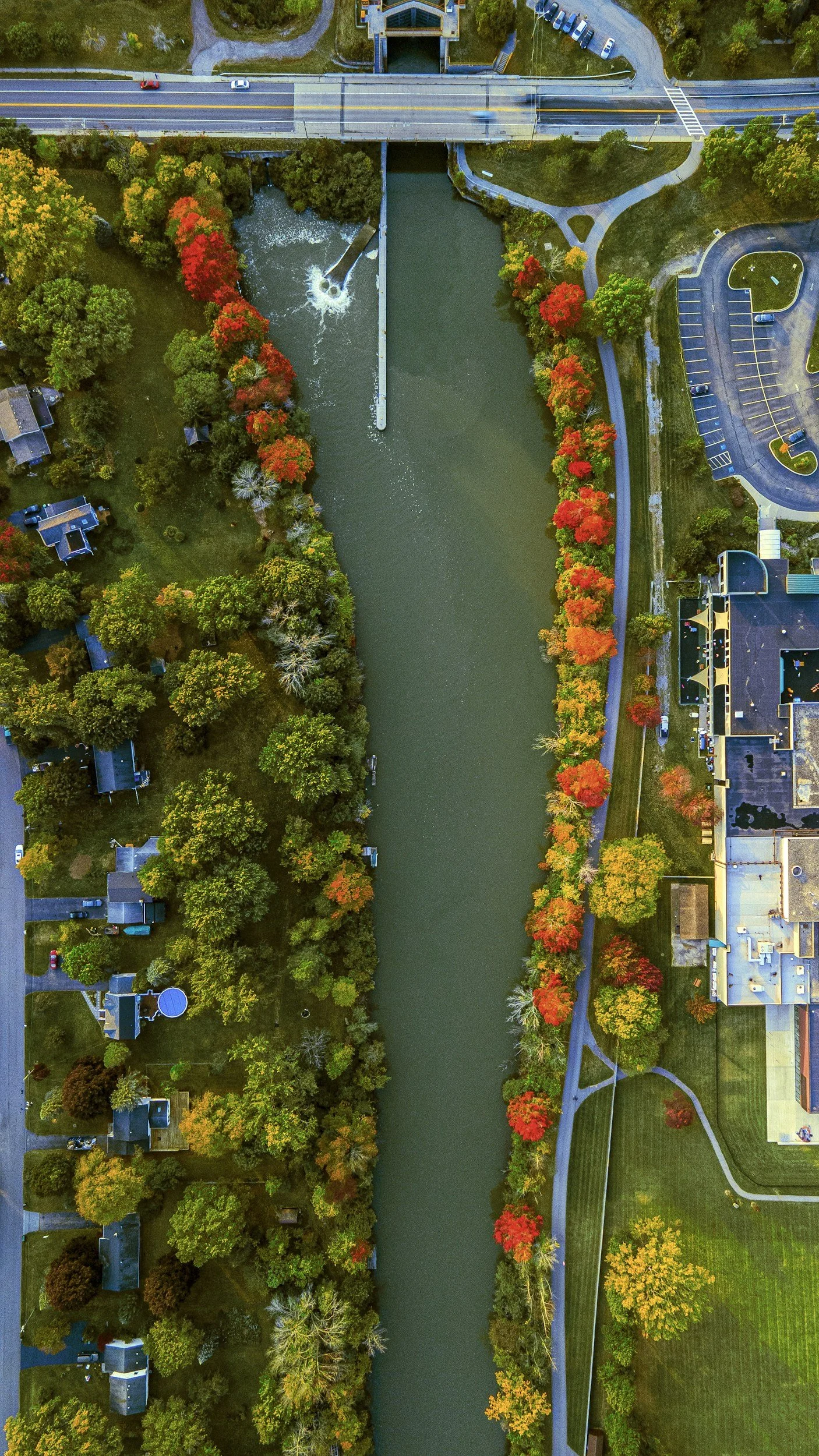 An aerial view of a river with trees on both sides showing fall colors, a park area, and a parking lot with cars.