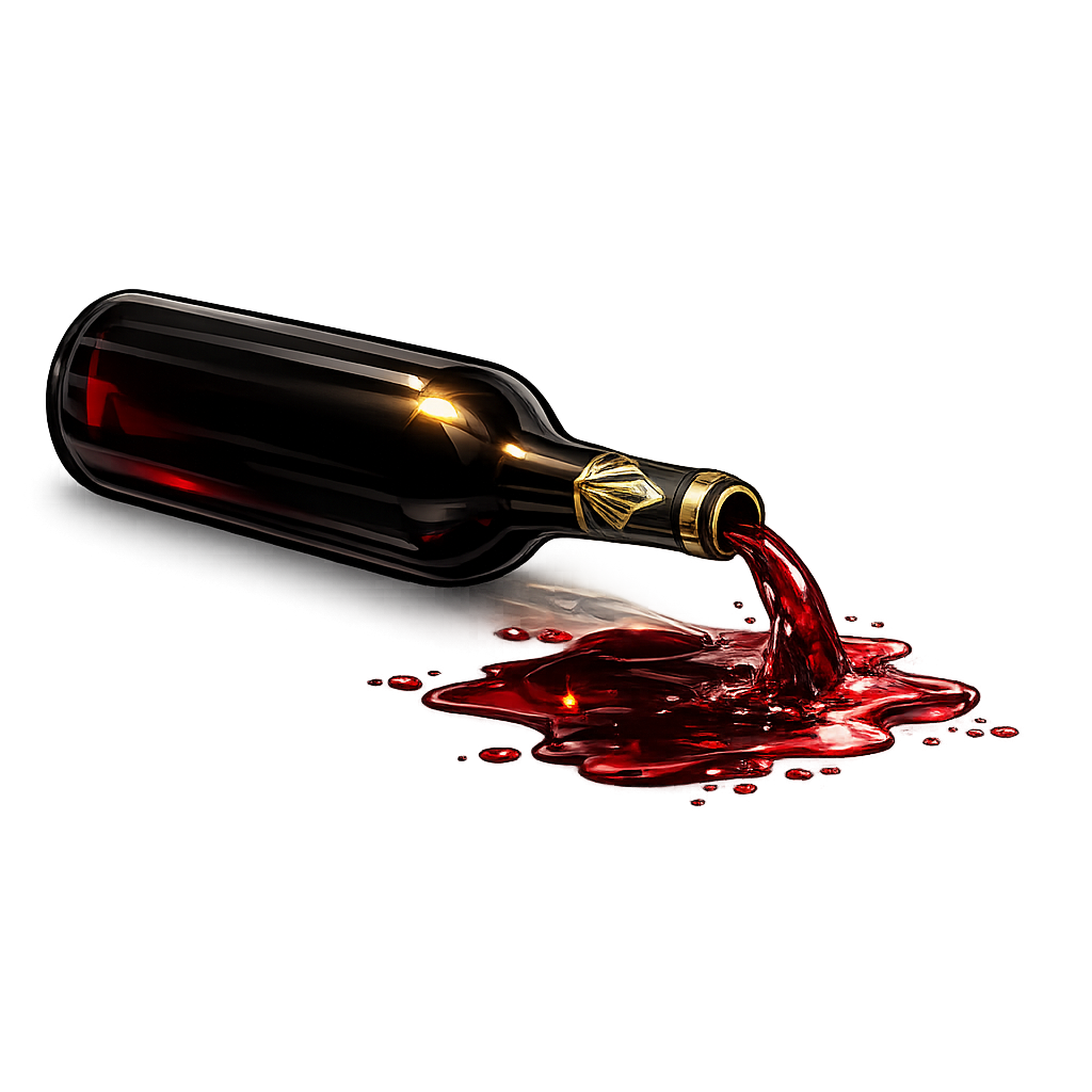 A wine bottle appears to be spilling red wine onto a gray surface.