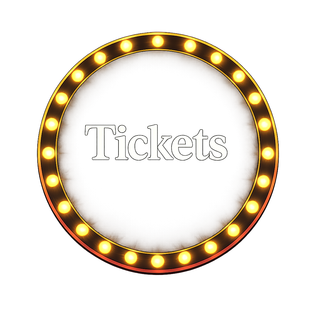 A circular sign with bright yellow lights around the edge and the word "Tickets" in white text in the center.