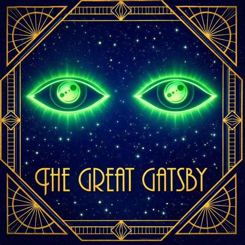 A stylized book cover of 'The Great Gatsby' with green glowing eyes resembling a galaxy inside human eyes set against a starry night sky, with an ornate gold geometric border.
