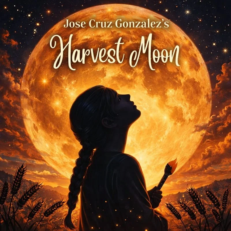 A silhouette of a girl with a braided hair holding a lit matchstick, facing a glowing full moon in a starry night sky, with silhouettes of plants in the foreground.