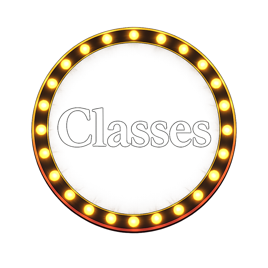 A circular sign with illuminated yellow bulbs around the border, displaying the word "Classes" in white letters.