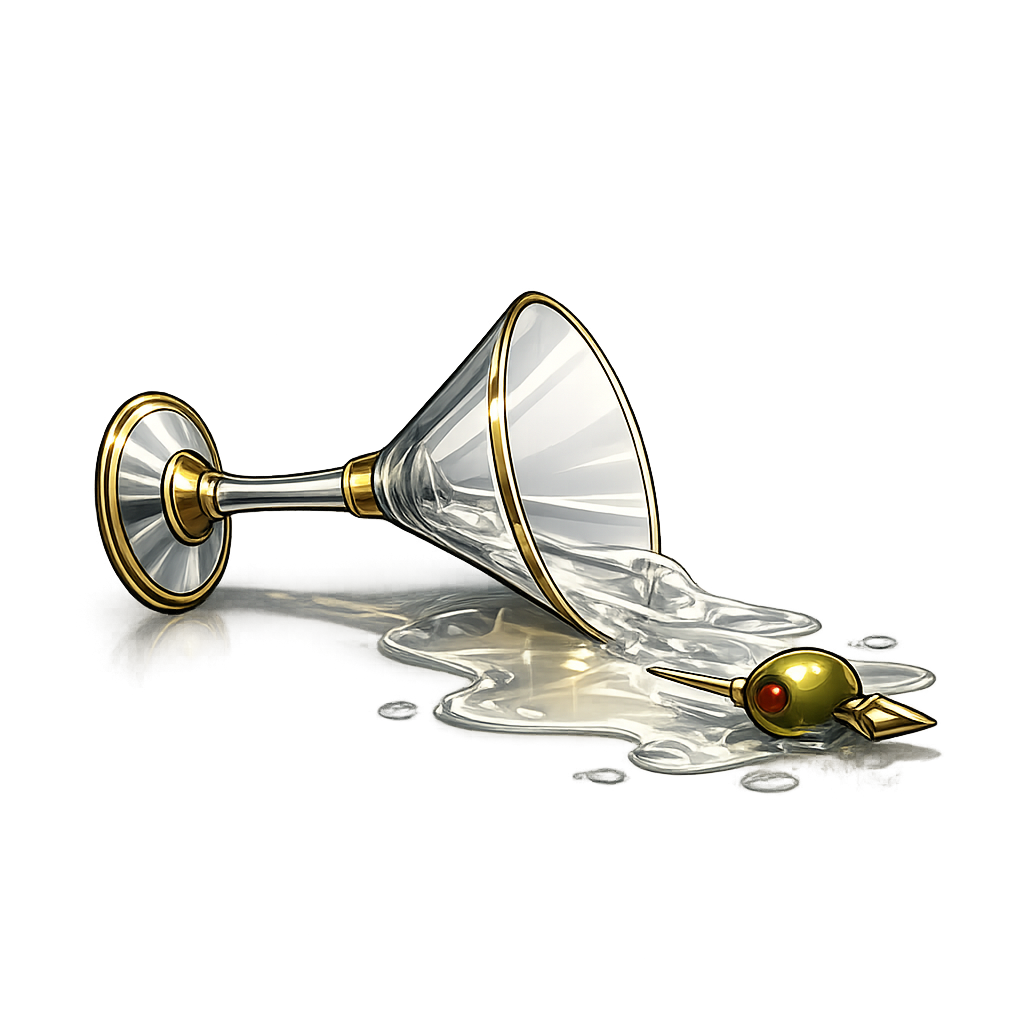 A spilled martini glass with a golden olive lying next to it on a reflective surface.