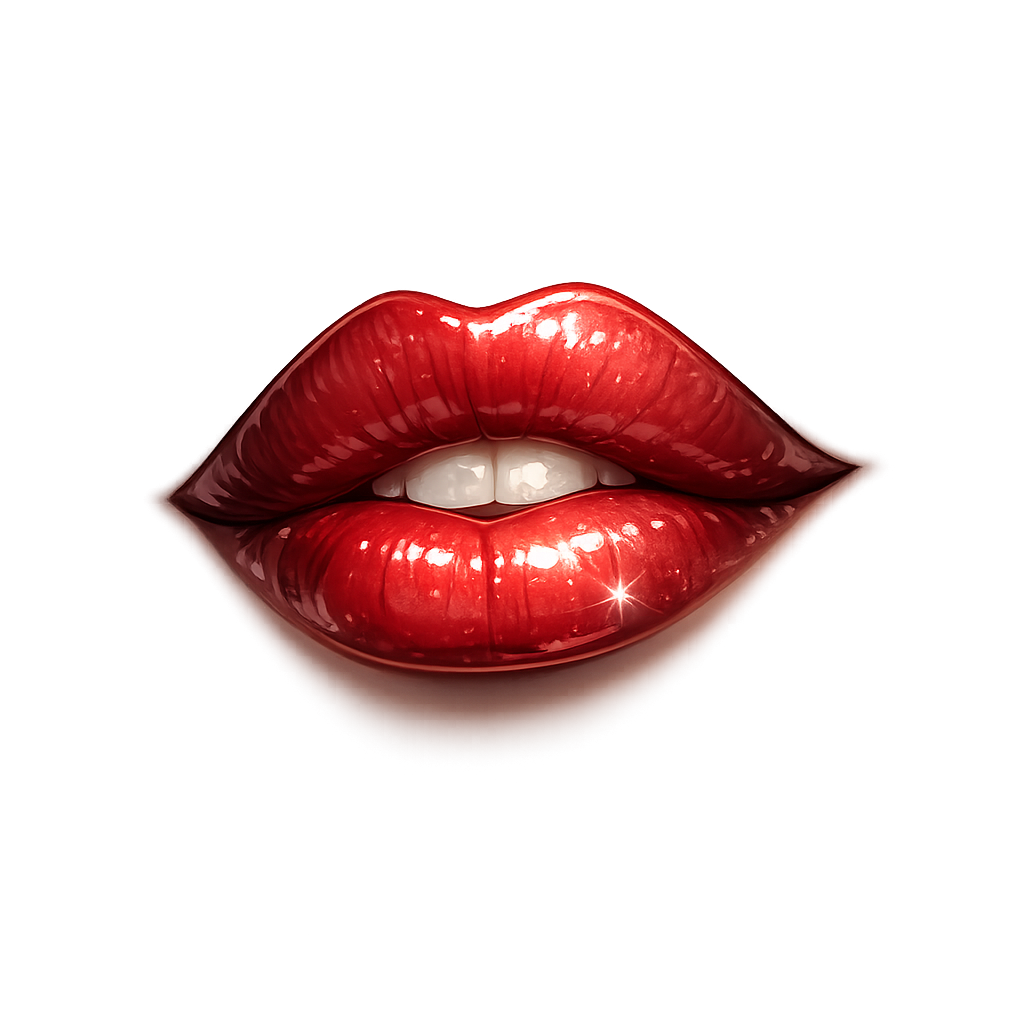 Close-up of glossy red lips with teeth visible, emphasizing shiny lipstick.