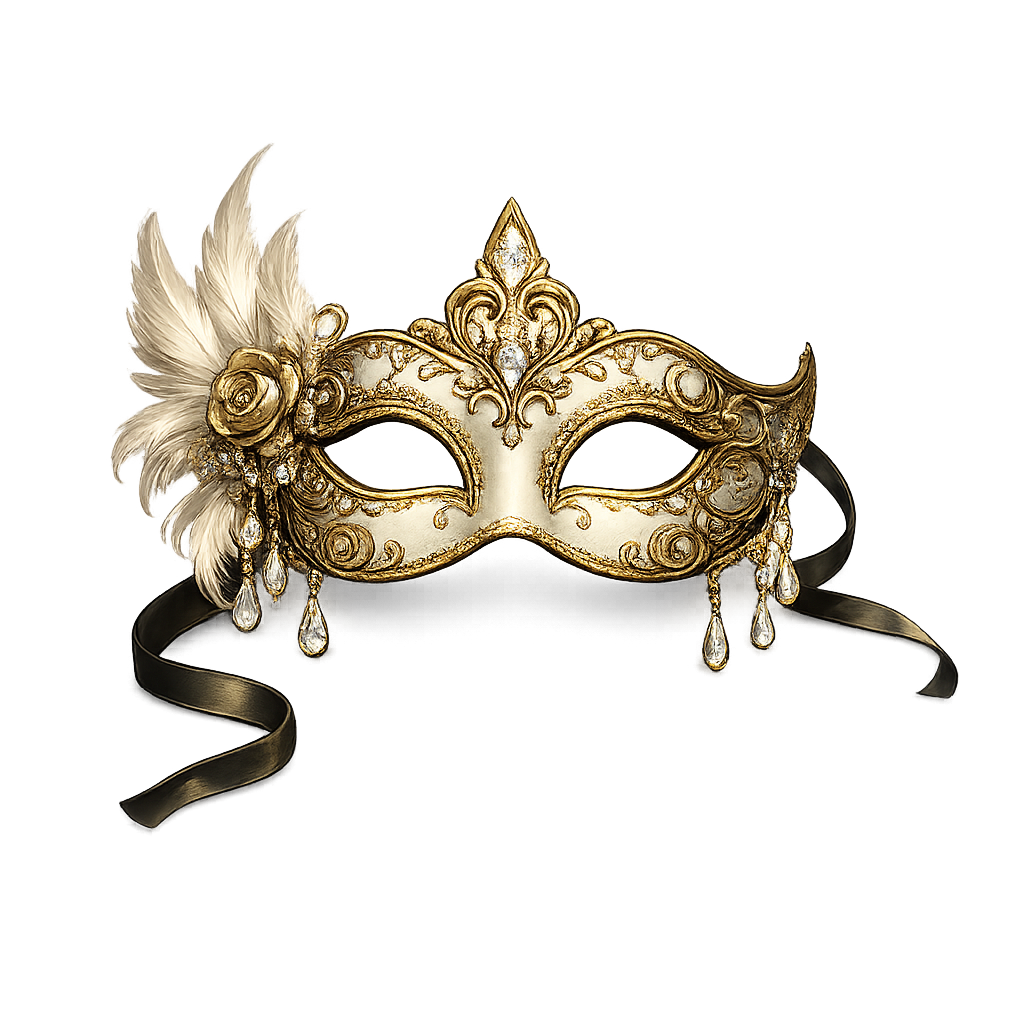 An ornate mask with gold embellishments, white feathers, and dangling clear teardrop-shaped jewels.