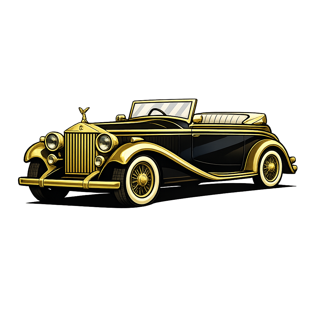 An illustrated vintage black and gold convertible car with classic design, large round headlights, and decorative chrome details.