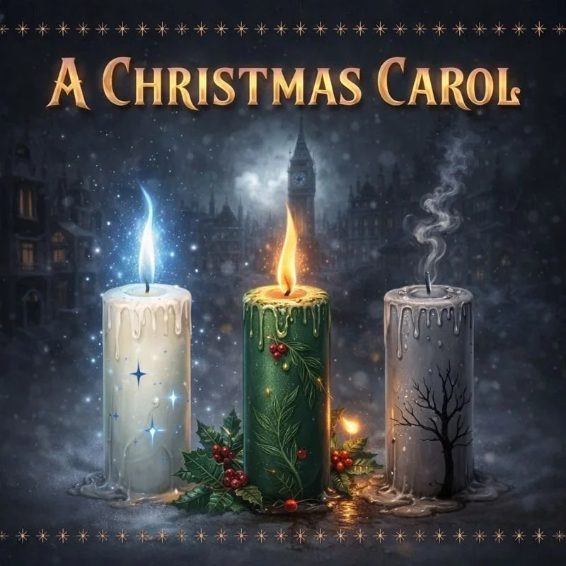 Three decorated Christmas candles with melting wax and flames, surrounded by holly leaves and berries, set against a snowy, festive background with a dark, cloudy sky and a silhouette of Big Ben in London. The text at the top reads 'A Christmas Carol'.