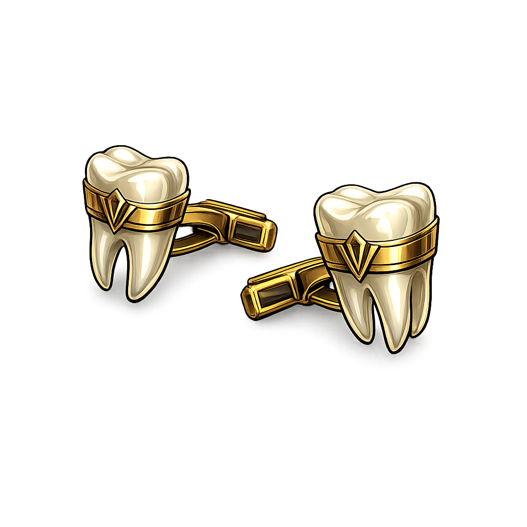 A pair of cufflinks shaped like cartoon-style teeth with gold crowns and a gold band around the top.