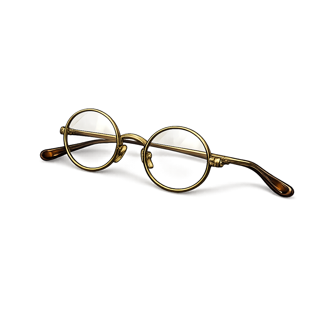 Pair of vintage round sunglasses with gold frames and dark lenses, resting on a dark reflective surface.