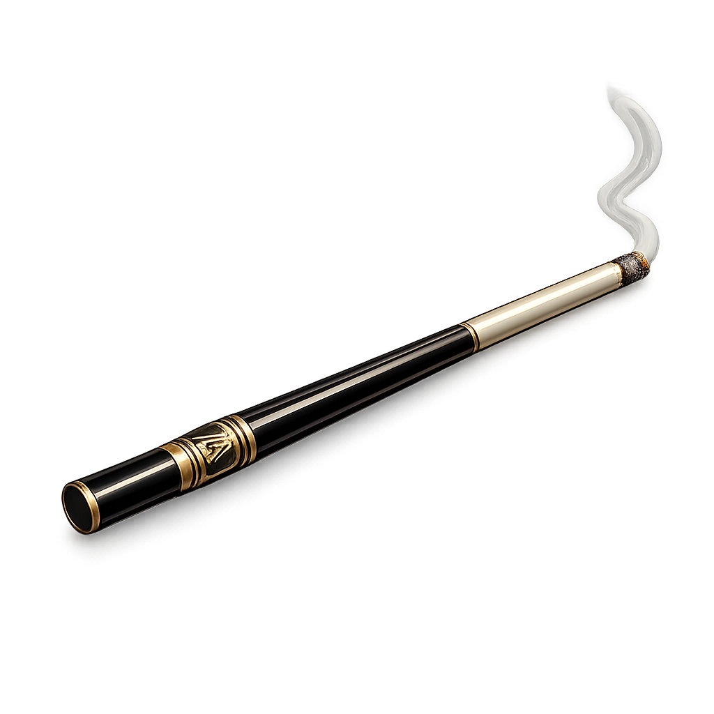 A smoking black and gold electronic cigarette or vape pen on a black background.